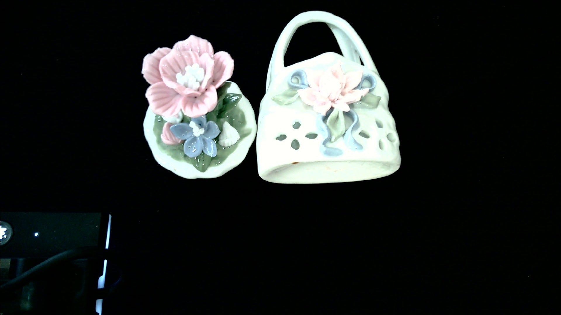Vintage Miniature decorative porcelain. Decorated basket and bouquet.