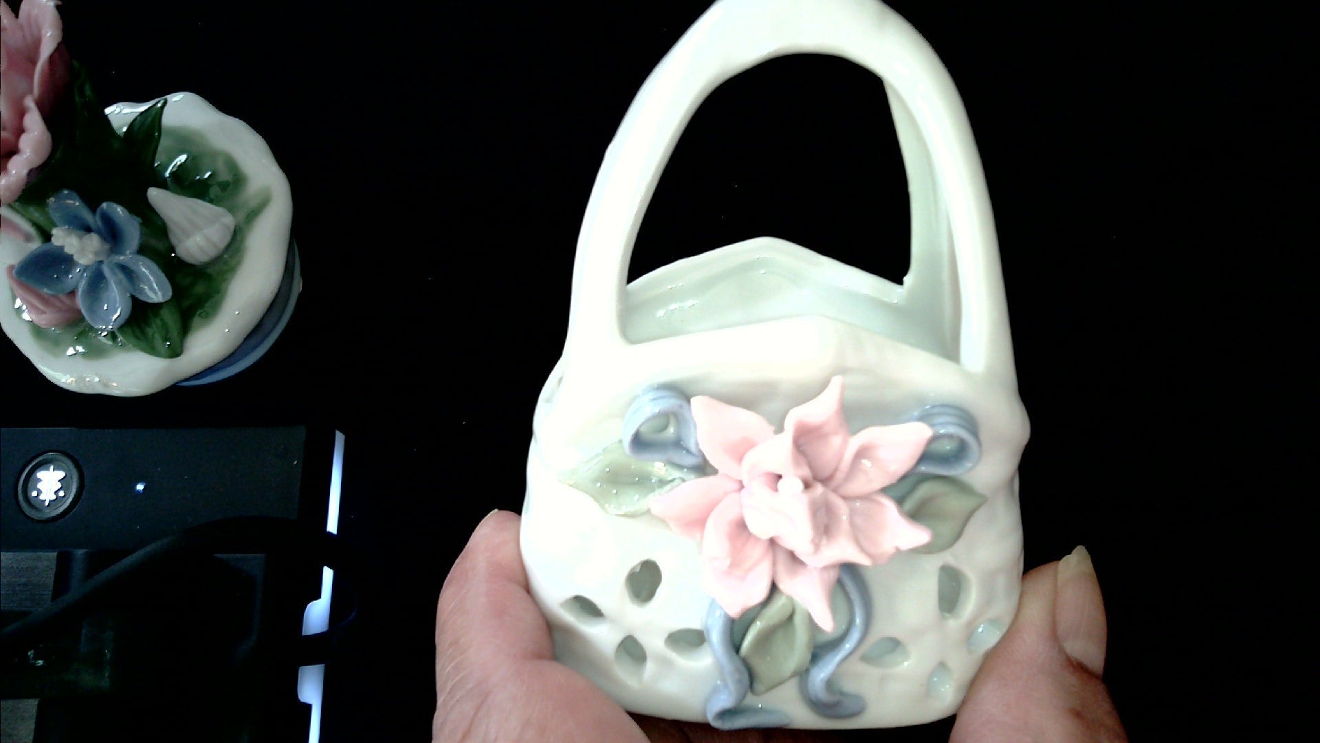 Vintage Miniature decorative porcelain. Decorated basket and bouquet.