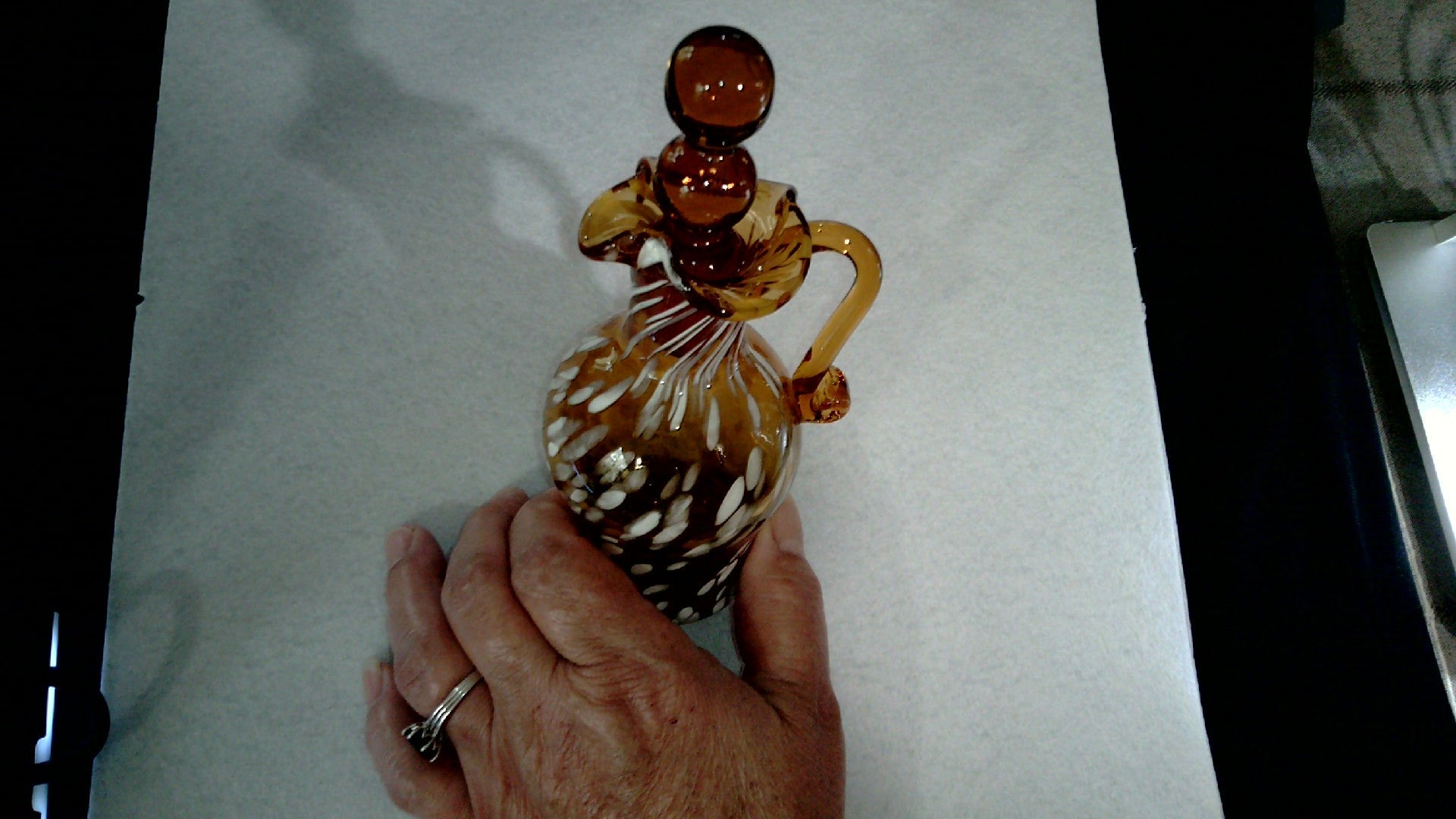 Vintage Cruet Amber Glass with White speckles Matching 3 Bubble Amber Stopper 6 1/2" Tall