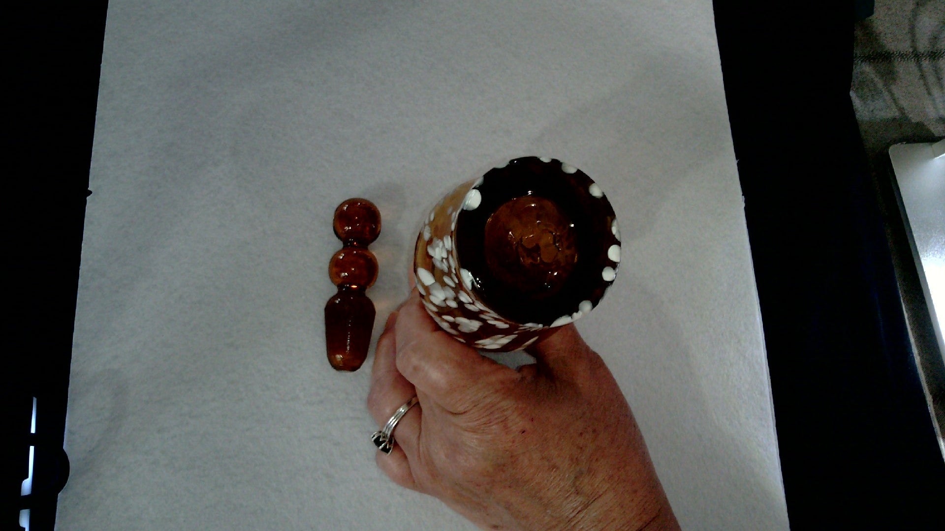 Vintage Cruet Amber Glass with White speckles Matching 3 Bubble Amber Stopper 6 1/2" Tall