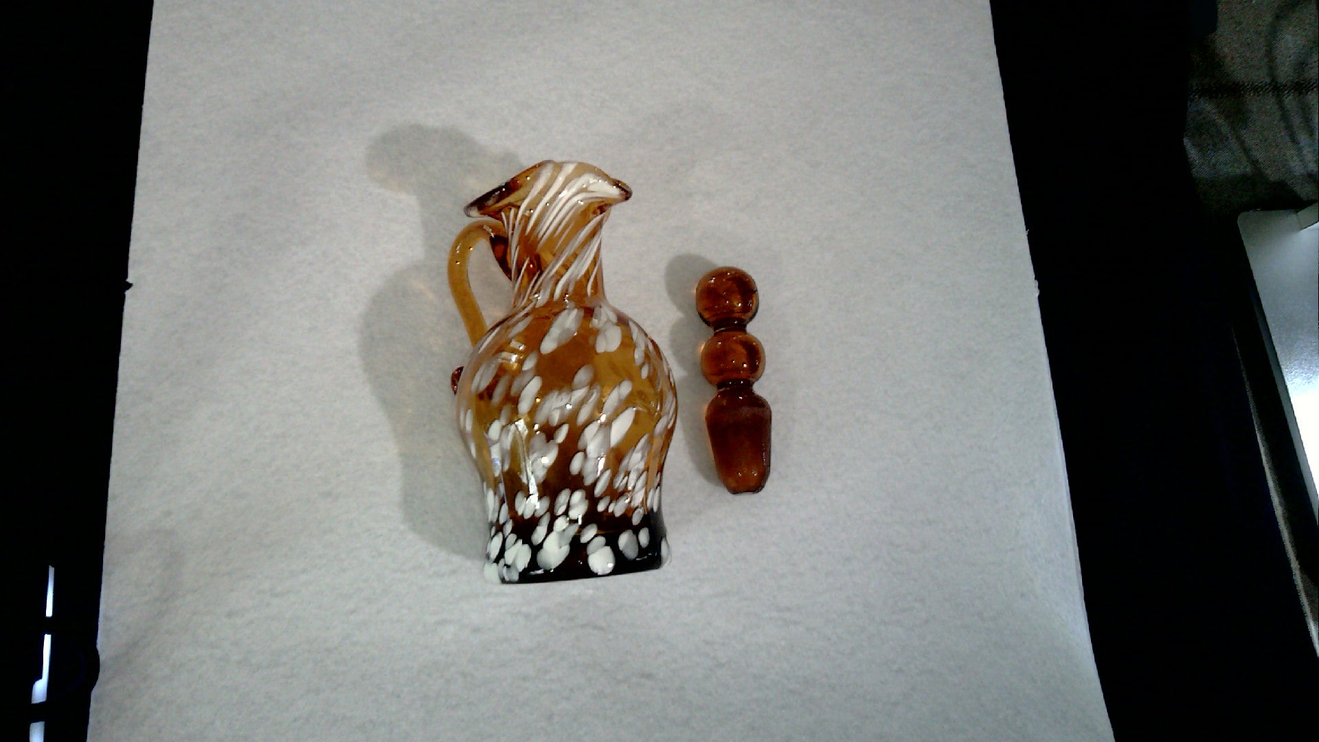 Vintage Cruet Amber Glass with White speckles Matching 3 Bubble Amber Stopper 6 1/2" Tall