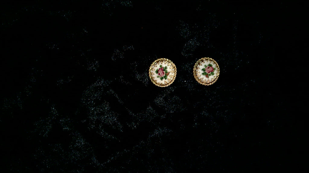 Vintage Petit Point Needlepoint Floral Clip on Earrings, Gold- Tone Rope Boarder