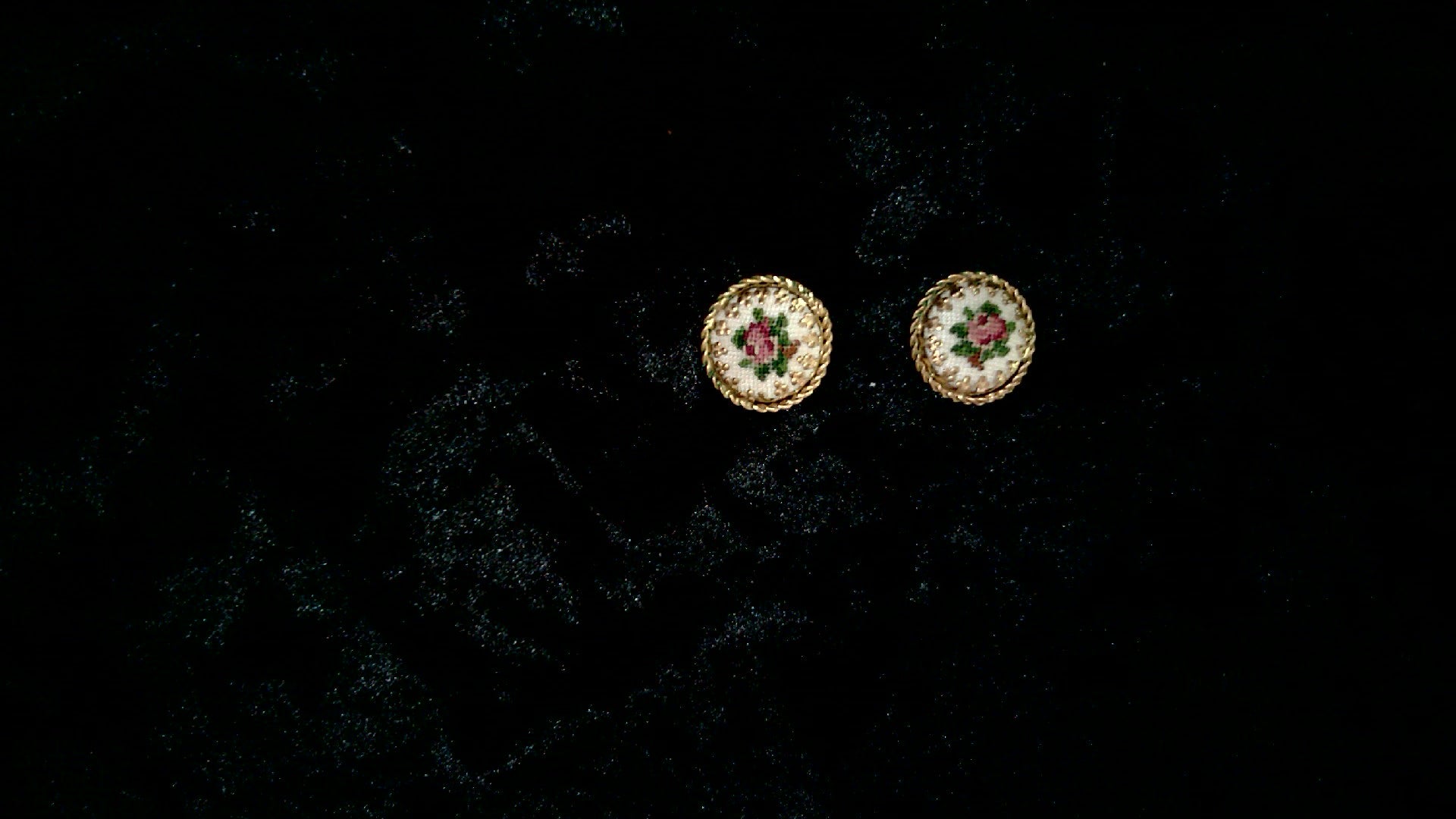 Vintage Petit Point Needlepoint Floral Clip on Earrings, Gold- Tone Rope Boarder