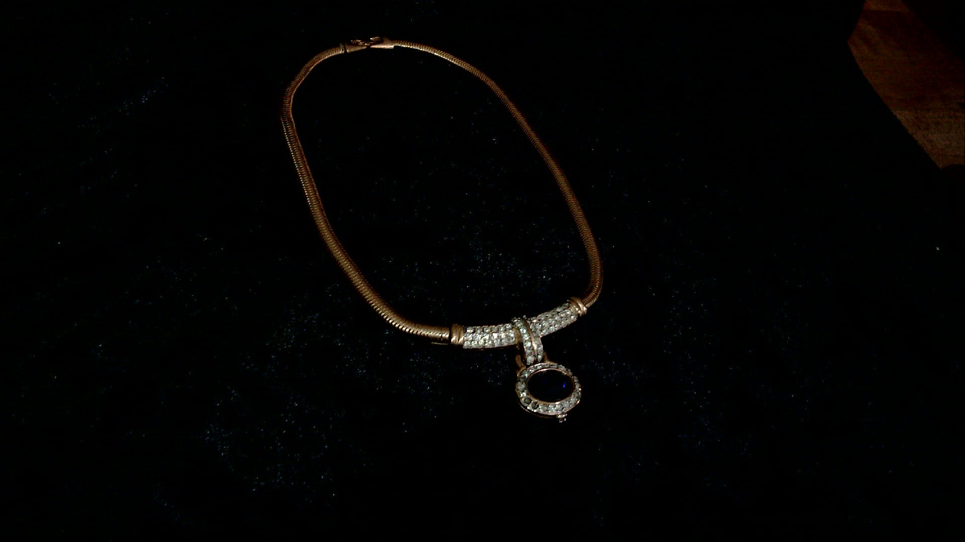 Vintage Givenchy 1980's Gold Tone Omega Chain Necklace Blue Crystal Rhinestone