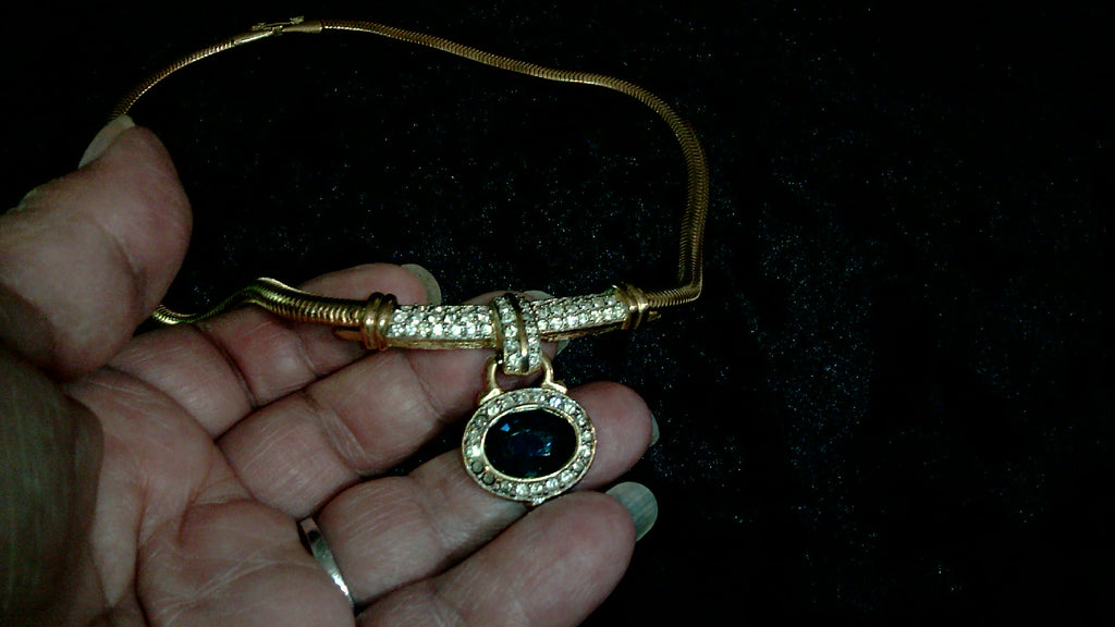 Vintage Givenchy 1980's Gold Tone Omega Chain Necklace Blue Crystal Rhinestone