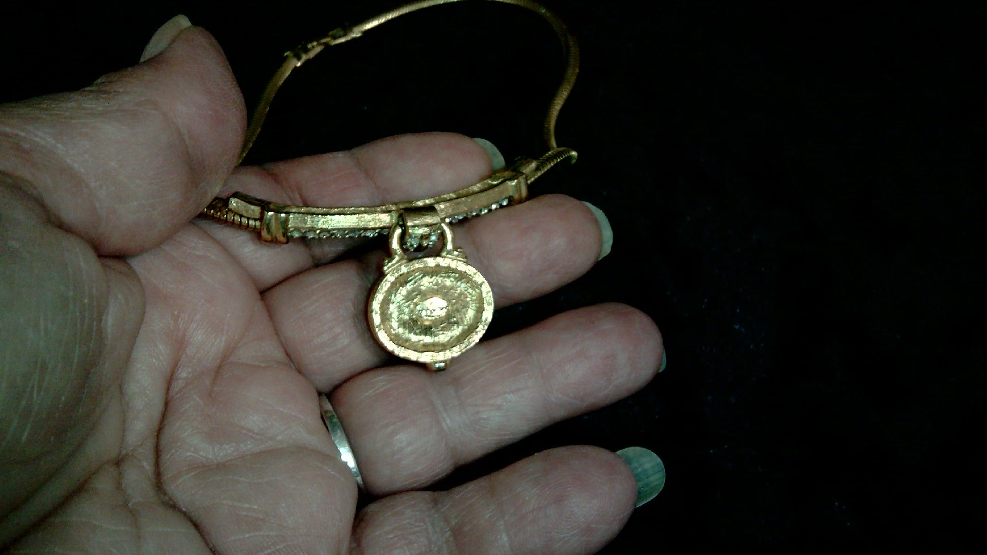Vintage Givenchy 1980's Gold Tone Omega Chain Necklace Blue Crystal Rhinestone