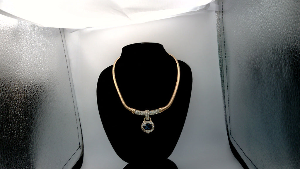 Vintage Givenchy 1980's Gold Tone Omega Chain Necklace Blue Crystal Rhinestone