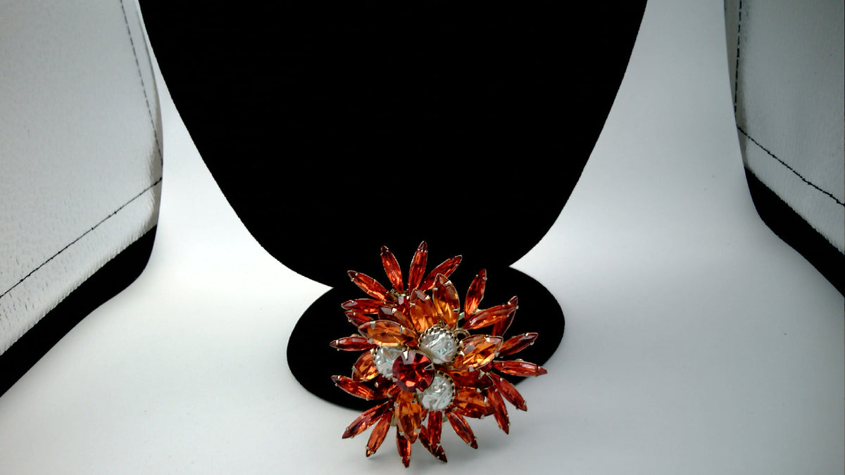 Vintage 1950s Judy Lee Sunburst Brooch Vibrant Orange Rhinestones and Faux Pearls