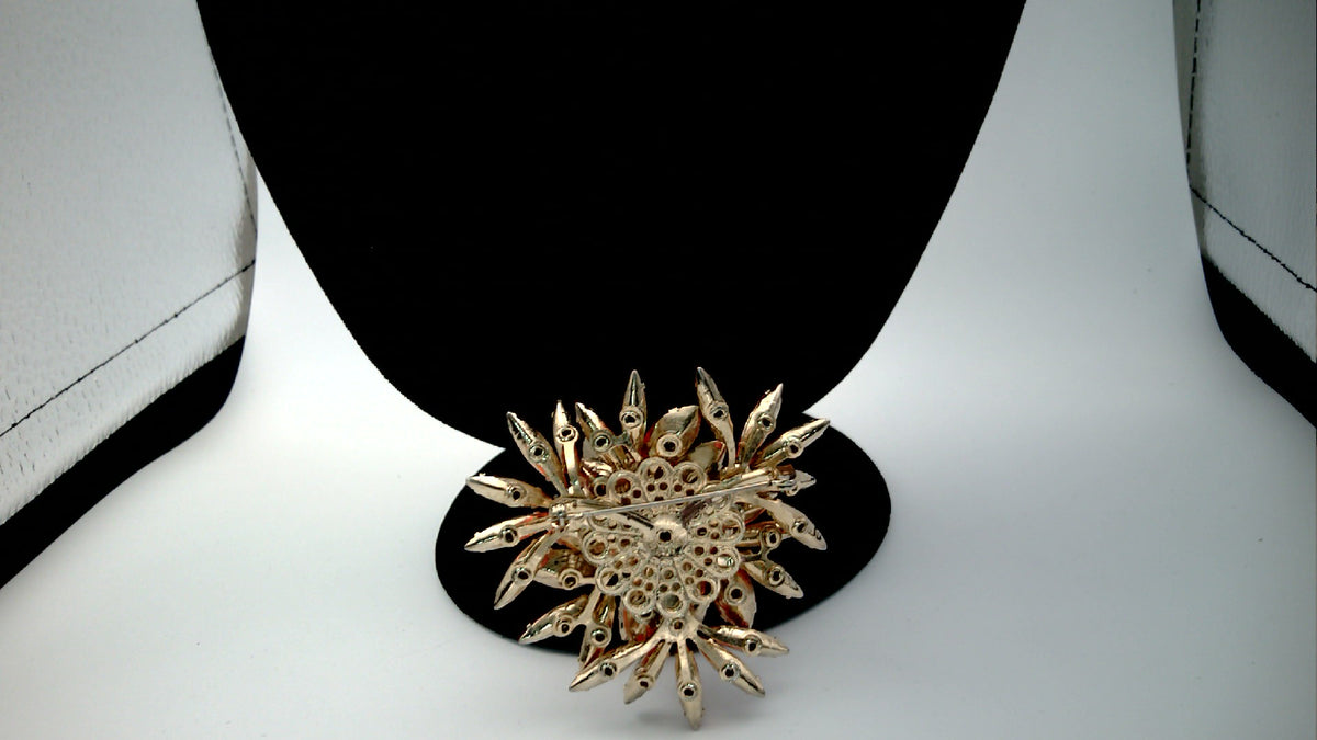 Vintage 1950s Judy Lee Sunburst Brooch Vibrant Orange Rhinestones and Faux Pearls