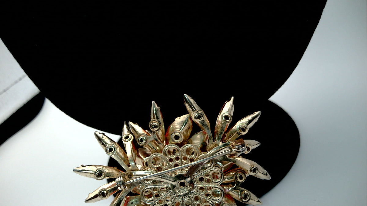 Vintage 1950s Judy Lee Sunburst Brooch Vibrant Orange Rhinestones and Faux Pearls