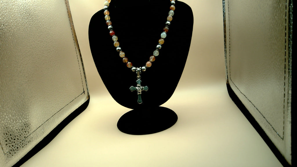 Vintage signed [JR] Mexico 925 Sterling Silver Cross Beaded Necklace