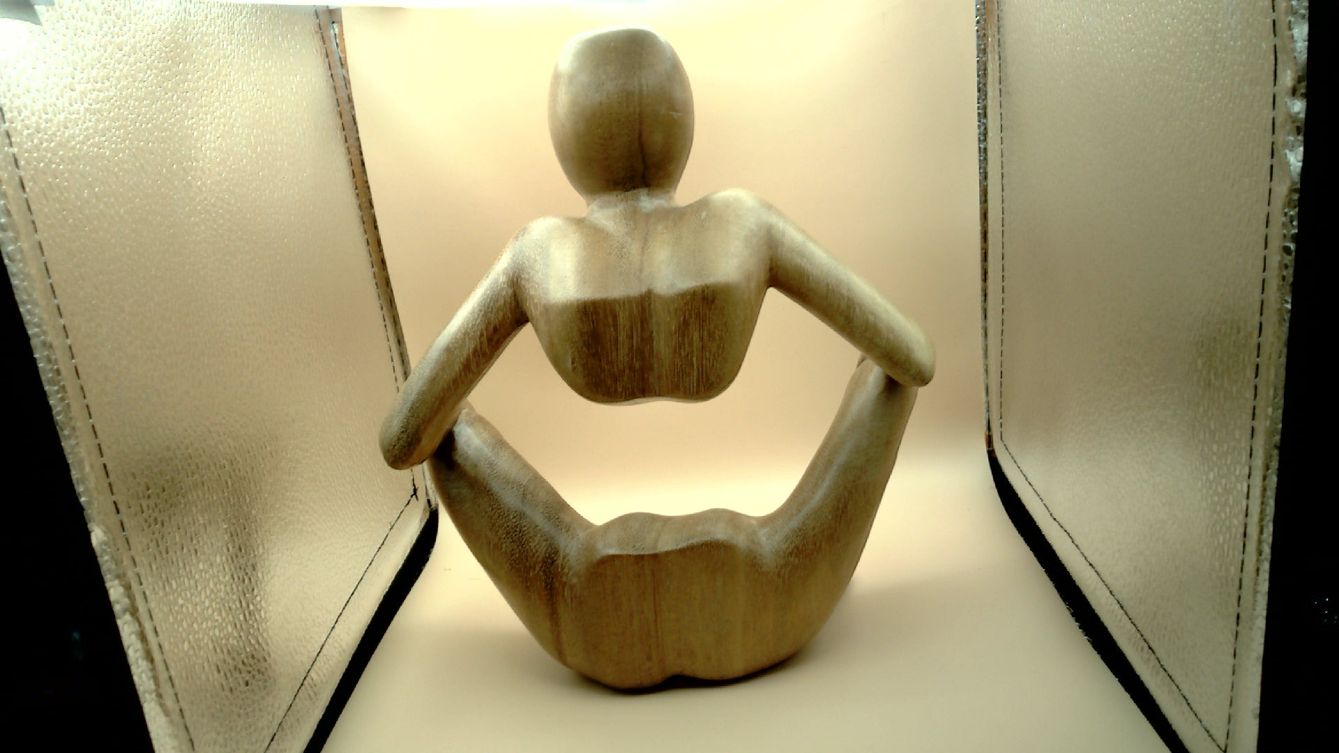 Suar Wood Hand Carved Sculptures set of three two Yoga poses 10" and 8" tall. Third thinking man 10" tall 12" wide