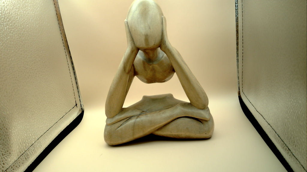 Suar Wood Hand Carved Sculptures set of three two Yoga poses 10" and 8" tall. Third thinking man 10" tall 12" wide