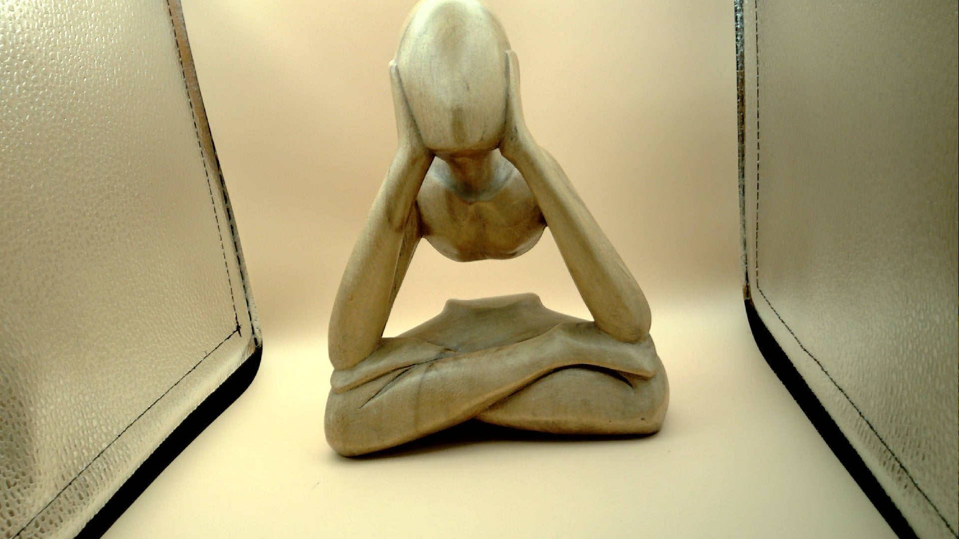 Suar Wood Hand Carved Sculptures set of three two Yoga poses 10" and 8" tall. Third thinking man 10" tall 12" wide