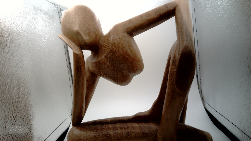 Suar Wood Hand Carved Sculptures set of three two Yoga poses 10" and 8" tall. Third thinking man 10" tall 12" wide