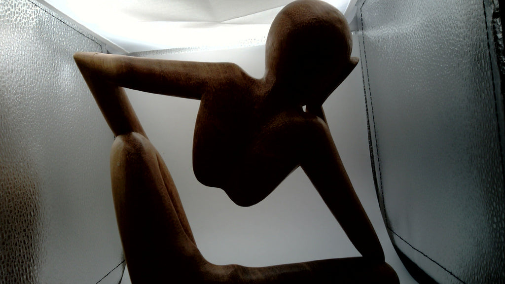 Suar Wood Hand Carved Sculptures set of three two Yoga poses 10" and 8" tall. Third thinking man 10" tall 12" wide