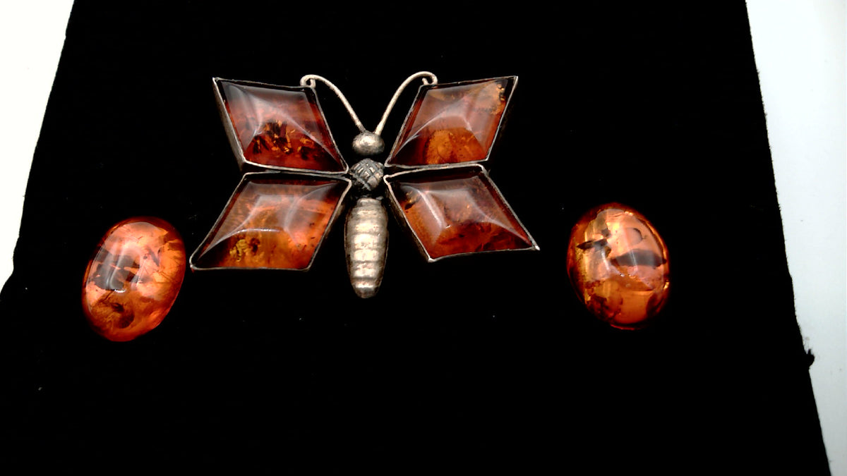 Vintage Cognac Baltic Amber Butterfly Brooch and Cabochon Earrings 925 Sterling silver