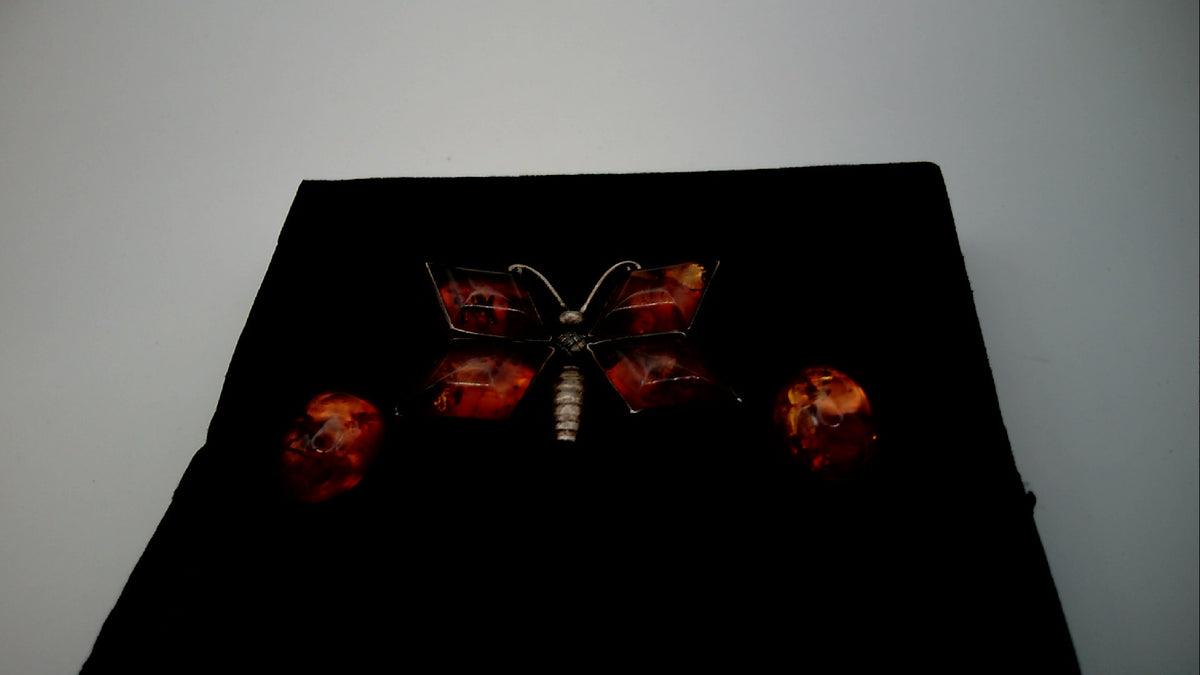 Vintage Cognac Baltic Amber Butterfly Brooch and Cabochon Earrings 925 Sterling silver