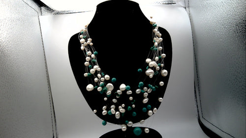 14 K Yellow Gold Clasp Fresh Water  Pearl and Turquoise Illusion Necklace 18" wt. 38.29 grams Multiple Strand