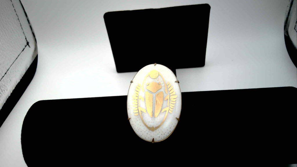 Antique Egyptian Revival Gilded Porcelain Scarab Beetle Brooch