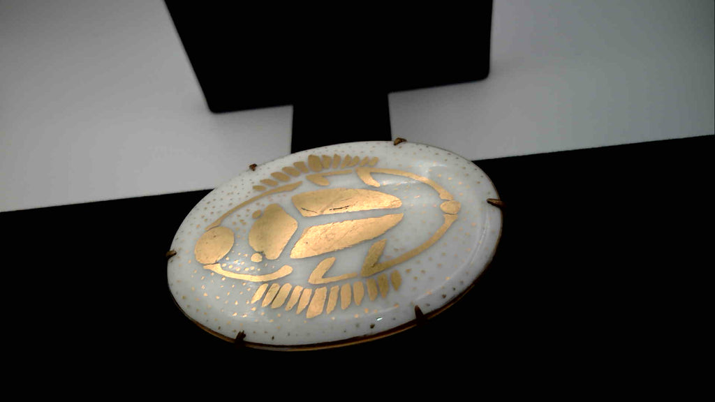 Antique Egyptian Revival Gilded Porcelain Scarab Beetle Brooch