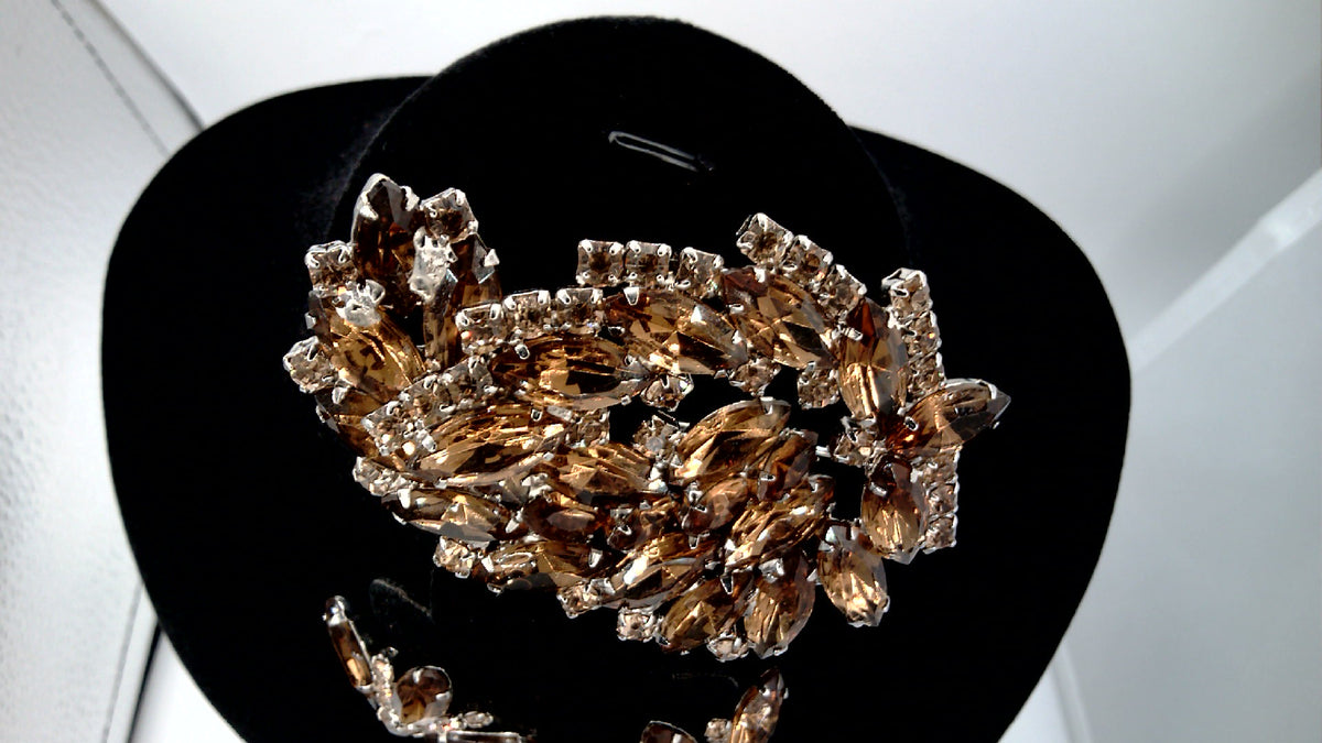 Vintage Madeleine Rhinestone Brooch and Clip on earrings Amber Color