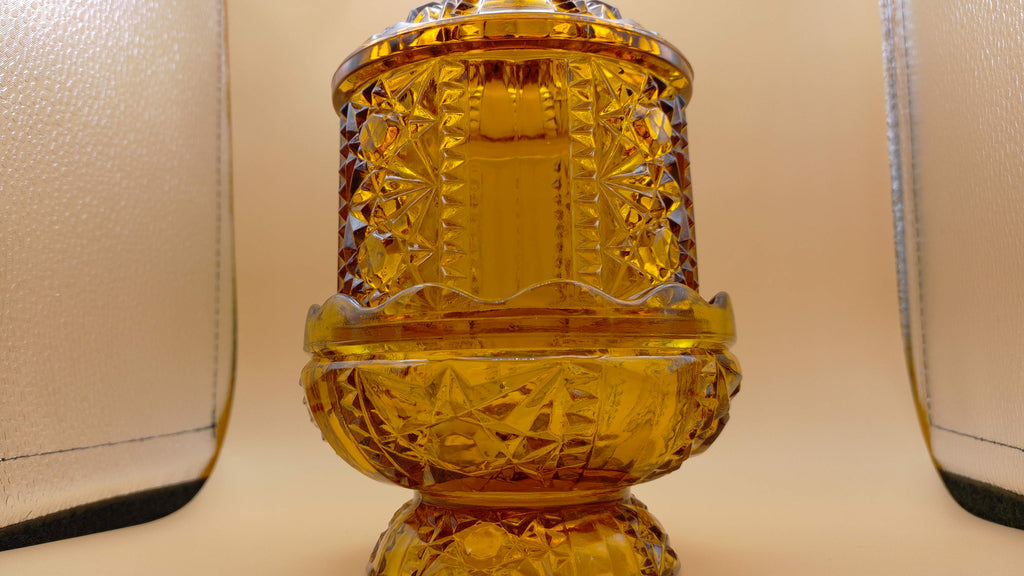 Vintage Indiana Glass Stars and Bars Fairy Lamp Honey Amber Two Piece Construction Scalloped edge Base