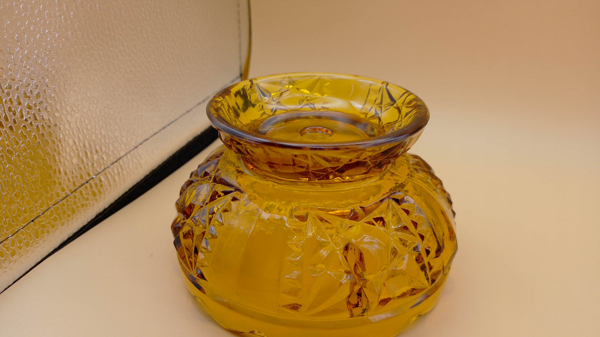 Vintage Indiana Glass Stars and Bars Fairy Lamp Honey Amber Two Piece Construction Scalloped edge Base