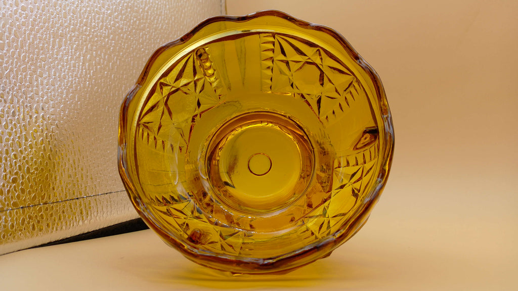 Vintage Indiana Glass Stars and Bars Fairy Lamp Honey Amber Two Piece Construction Scalloped edge Base