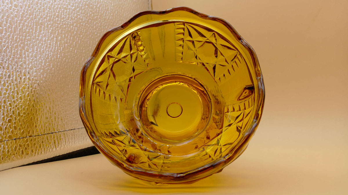 Vintage Indiana Glass Stars and Bars Fairy Lamp Honey Amber Two Piece Construction Scalloped edge Base