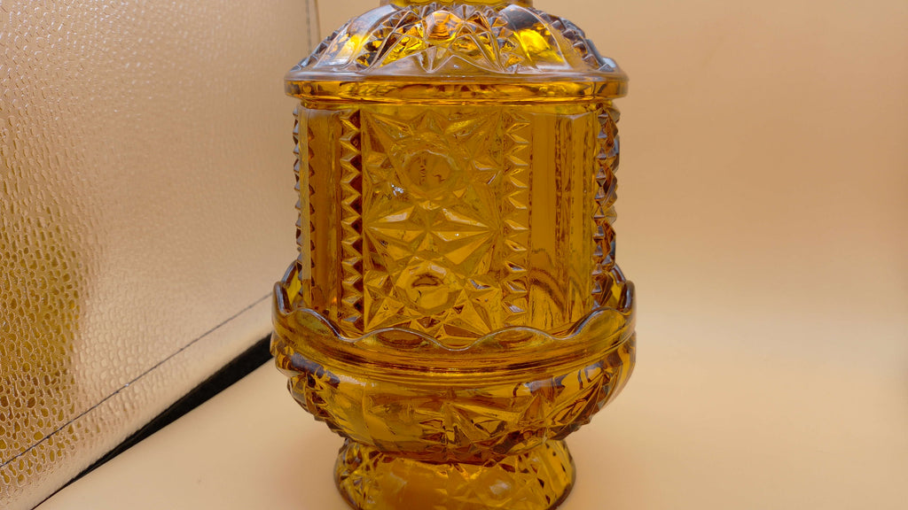 Vintage Indiana Glass Stars and Bars Fairy Lamp Honey Amber Two Piece Construction Scalloped edge Base