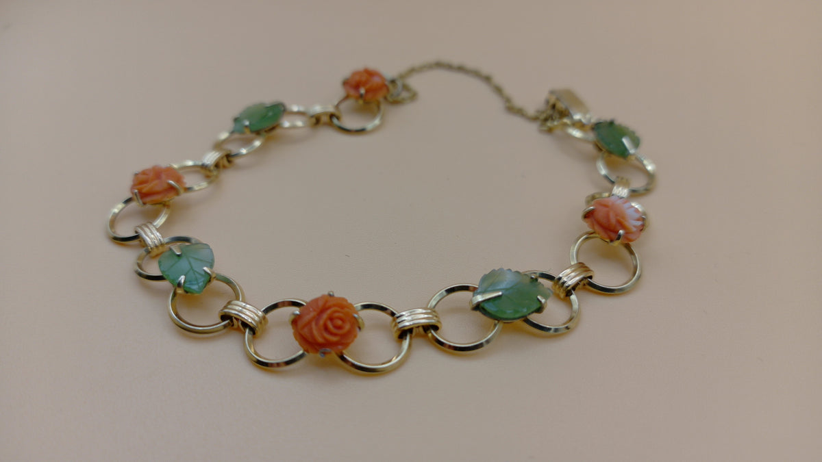 Vintage Krementz Gold Filled Bracelet Coral and Jade carved Roses and Leaves 7 inches